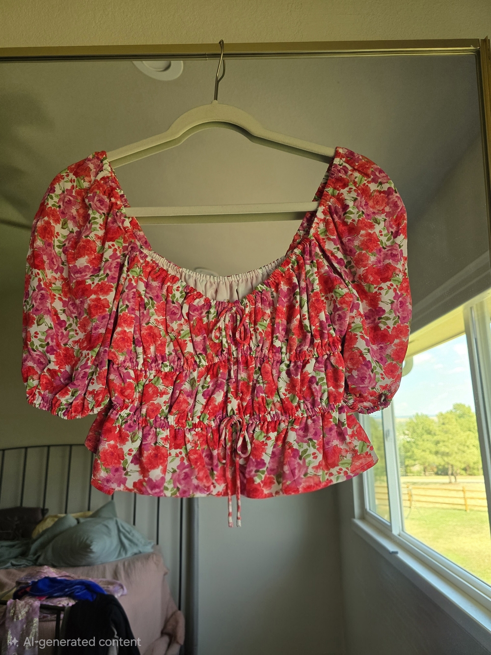 Floral Puff-Sleeve Smocked Crop Top - Pink Floral